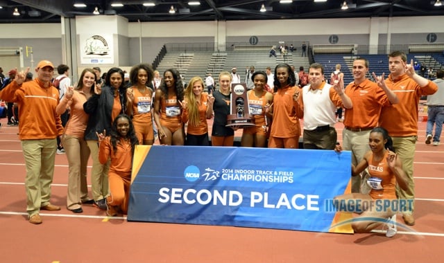 Mar 15, 2014; Albuquerque, NM, USA; Members of the Texas Longhorns womens team and coach Tonja Buford-Bailey pose after finishing second in the team standings in the 2014 NCAA Indoor Championships at Albuquerque Convention Center.