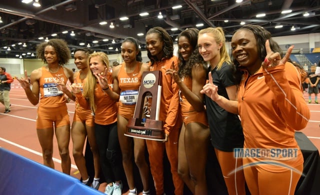 Mar 15, 2014; Albuquerque, NM, USA; Members of the Texas Longhorns womens team pose after finishing second in the team standings in the 2014 NCAA Indoor Championships at Albuquerque Convention Center.