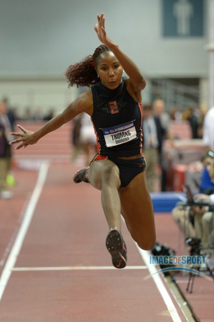 Mar 15, 2014; Albuquerque, NM, USA; Shanieka Thomas of San Diego State wins the womens triple jump at 45-10 (13.97m) in the 2014 NCAA Indoor Championships at Albuquerque Convention Center.