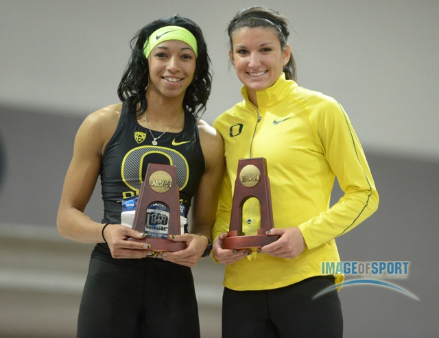 Mar 15, 2014; Albuquerque, NM, USA; Jasmine Todd (left) and Jenna Prandini of Oregon pose after finishing third and seventh in the womens 60m in the 2014 NCAA Indoor Championships at Albuquerque Convention Center.