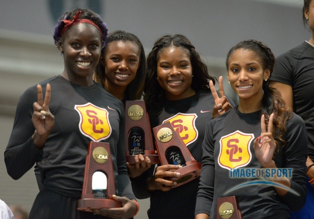 Mar 15, 2014; Albuquerque, NM, USA; Members of the Southern California Trojans womens 4 x 400m relay pose after finishing sixth in the 2014 NCAA Indoor Championships at Albuquerque Convention Center. From left: Akawkaw Ndipagbor and Jaide Stepter and Vanessa Jones and Ashley Liverpool.