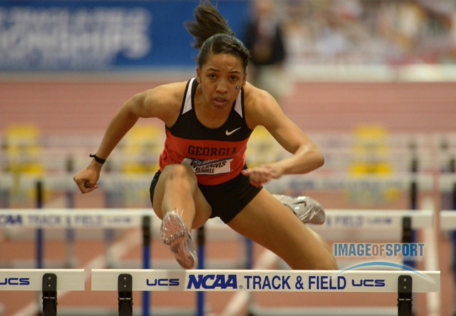 Mar 15, 2014; Albuquerque, NM, USA; Kendell Williams of Georgia runs 8.21 in the pentathlon 60m for the top time in the 2014 NCAA Indoor Championships at Albuquerque Convention Center.