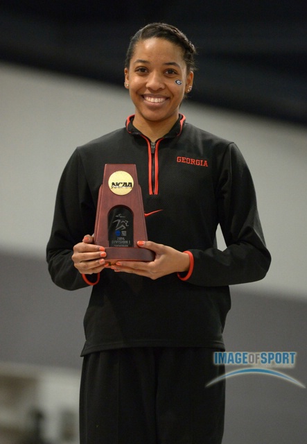 Mar 15, 2014; Albuquerque, NM, USA; Kendell Williams of Georgia poses on the awards podium after winning the pentathlon with a world junior record 4,635 points in the 2014 NCAA Indoor Championships at Albuquerque Convention Center.