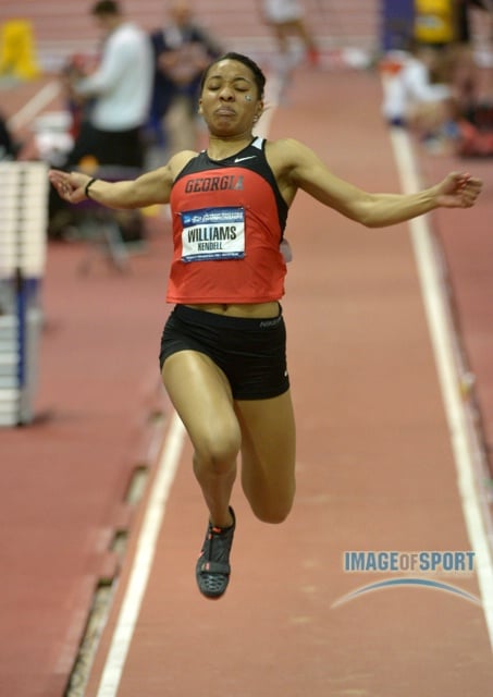 Mar 15, 2014; Albuquerque, NM, USA; Kendell Williams of Georgia jumps 20-9 (6.32m) in the pentathlon long jump in the 2014 NCAA Indoor Championships at Albuquerque Convention Center. Williams was the overall winner in world junior record 4,635 points.