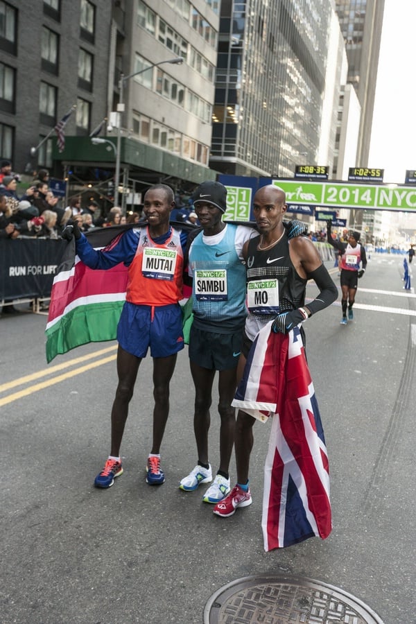 Farah Looks Ok and Is Able to Start Post Race Celebrations with Mutai and Sambu