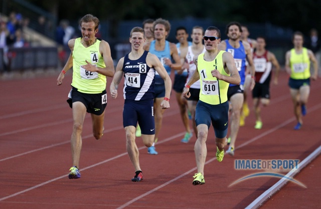 Riley Masters (82) defeats Brannon Kidder of Penn State (414) and Henrik Ingebrigtsen (610) to win the 1,500m in 3:38.42