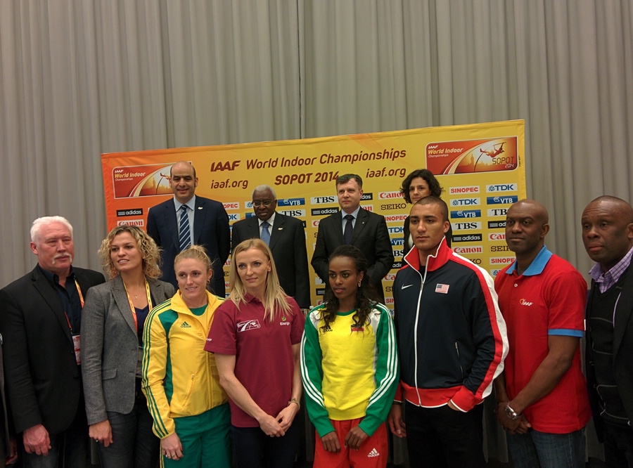 First row left to right: Nataliya Dobrynska, Sally Pearson, Anna Rogowska, Genzebe Dibaba, Ashton Eaton, Allen Johnson