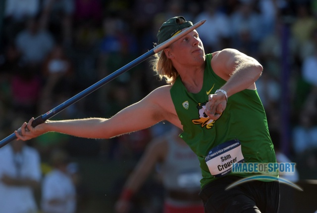 Sam Crouser of Oregon wins the javelin at 259-9