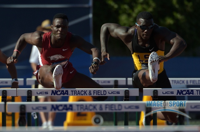 Omar McLeod of Arkansas (left) and Jordan Moore of LSU compete in a 110m hurdles