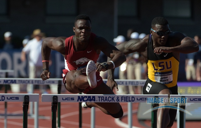 Omar McLeod of Arkansas (left) and Jordan Moore of LSU
