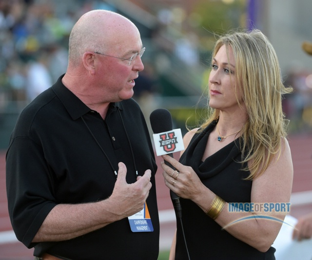 USTFCCCA chief executive officer Sam Seemes (left) is interviewed by ESPN broadcaster Jill Montgomery