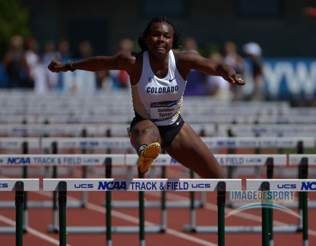 Abrianna Torres of Colorado runs 14.63 in the heptathlon 100m hurdles