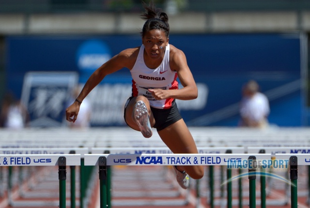 Kendell Williams of Georgia runs 13.08 in the heptathlon 100m hurdles