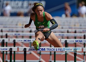 Ashlee Moore of Oregon runs 13.89 in the heptathlon 100m hurdles