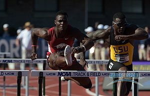 Omar McLeod of Arkansas (left) and Jordan Moore of LSU