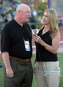 USTFCCCA chief executive officer Sam Seemes (left) is interviewed by ESPN broadcaster Jill Montgomery