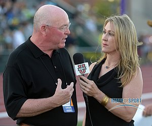 USTFCCCA chief executive officer Sam Seemes (left) is interviewed by ESPN broadcaster Jill Montgomery
