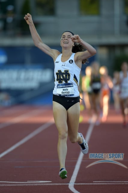 Molly Seidel of Notre Dame celebrates after winning the womens 10,000m in 33:18.37 i