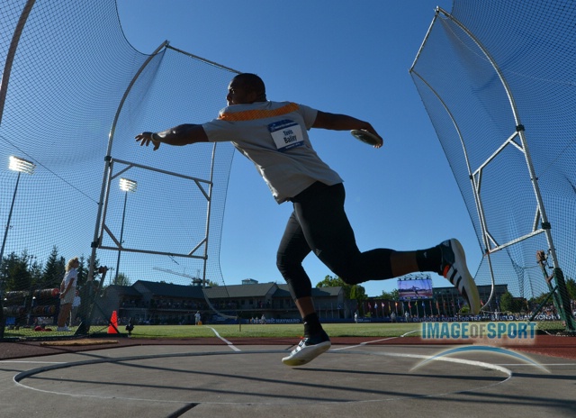 Jun 12, 2015; Eugene, OR, USA; Tavis Bailey of Tennessee places second in the discus at 203-2 (61.92m) in the 2015 NCAA Track & Field Championships at Hayward Field.