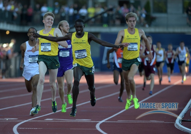 Jun 12, 2015; Eugene, OR, USA; Edward Cheserek and Eric Jenkins of Oregon celebrate after finishing first and second in the 5,000m in 13:48.67 and 13:48.92 in the 2015 NCAA Track & Field Championships at Hayward Field.