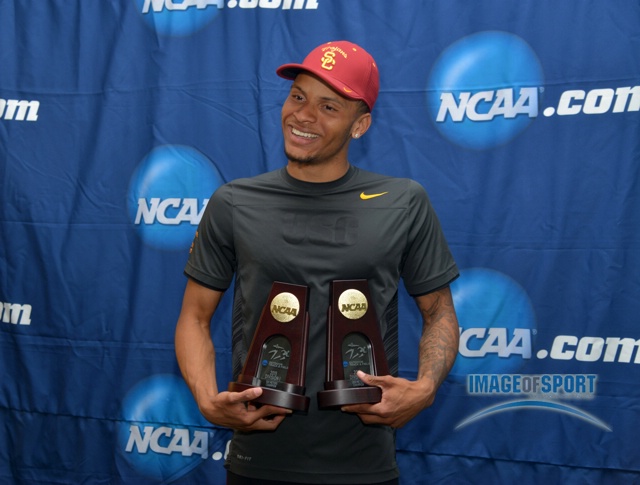 Jun 12, 2015; Eugene, OR, USA; Andre De Grasse poses after winning the 100m and 200m in the 2015 NCAA Track & Field Championships at Hayward Field.