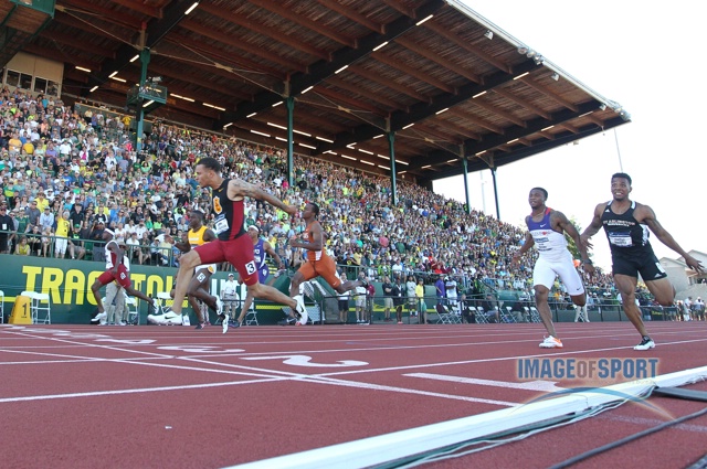 Jun 12, 2015; Eugene, OR, USA; Andre De Grasse of Southern California wins the 100m in a wind-aided 9.75 in the 2015 NCAA Track & Field Championships at Hayward Field. From left: Jarrion Lawson (Arkansas), Kendal Williams (Florida State), Kolby Listenbee (TCU), Trayvon Bromell (Baylor), Senoj-Jay Givans (Texas), De Grasse and Tevein Hester (Clemson) and Clayton Vaughn (UT Arlington).