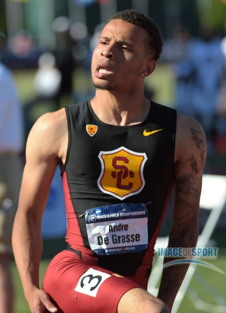 Jun 12, 2015; Eugene, OR, USA;  Andre De Grasse of Southern California celebrates after winning the 100m in a wind-aided 9.75 in the 2015 NCAA Track & Field Championships at Hayward Field.