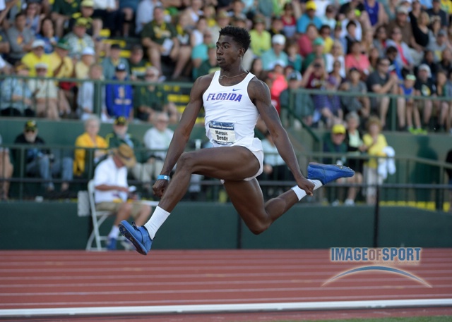 Jun 12, 2015; Eugene, OR, USA; Marquis Dendy of Florida wins the triple jump in a wind-aided 58-1 1/4 (17.71m) in the 2015 NCAA Track & Field Championships at Hayward Field.