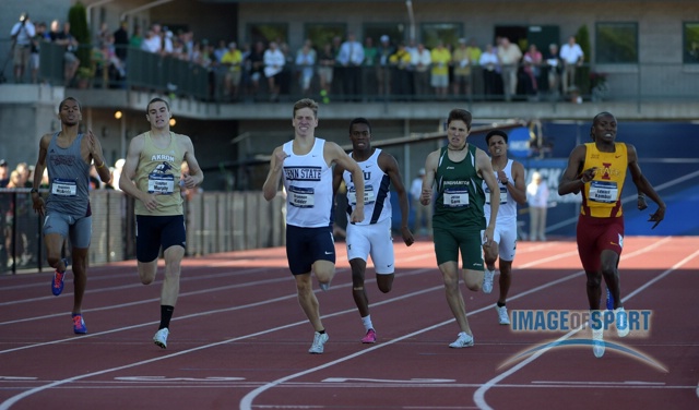 Jun 12, 2015; Eugene, OR, USA; Edward Kemboi of Iowa State defeats Brandon Kidder of Penn State to win the 800m, 1:49.26 to 1:49.36, in the 2015 NCAA Track & Field Championships at Hayward Field. From left: Brandon McBride (Mississippi State), Clayton Murphy (Akron), Kidder and Shaquille Walker (BYU), Jesse Gard (Binghamton) and Kemnboi.