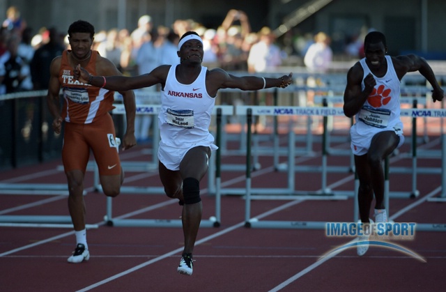 Jun 12, 2015; Eugene, OR, USA; Omar McLeod of Arkansas celebrates after winning the 110m hurdles in a wind-aided 13.01 in the 2015 NCAA Track & Field Championships at Hayward Field.