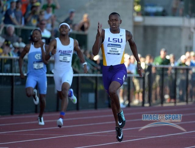 Jun 12, 2015; Eugene, OR, USA; Vernon Norwood of LSU wins the 400m in 45.10 in the 2015 NCAA Track & Field Championships at Hayward Field.