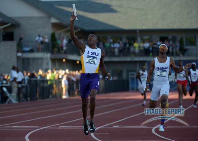 Jun 12, 2015; Eugene, OR, USA; Vernon Norwood of LSU defeats Najee Glass of Florida on the anchor of the 4 x 400m relay, 3:01.96 to 3:02.48, in the 2015 NCAA Track & Field Championships at Hayward Field.