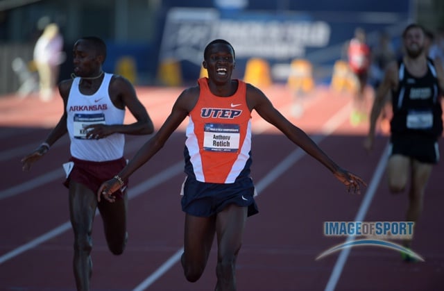 Jun 12, 2015; Eugene, OR, USA; Anthony Rotich of UTEP celebrates after winning the steeplechase in 8:33.90 in the 2015 NCAA Track & Field Championships at Hayward Field.