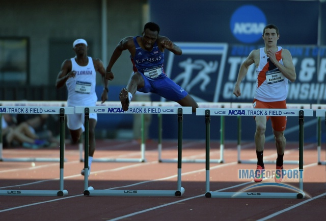 Jun 12, 2015; Eugene, OR, USA; Michael Stigler of Kansas wins the 400m hurdles in 48.84 in the 2015 NCAA Track & Field Championships at Hayward Field.