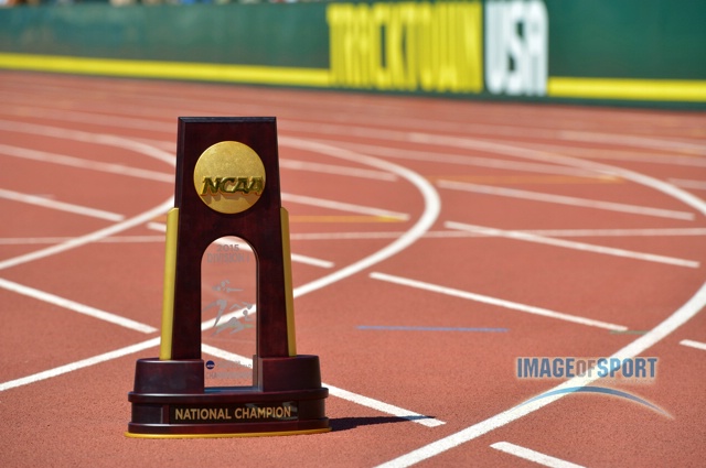 Jun 12, 2015; Eugene, OR, USA; General view of the NCAA Championship team trophy at the 2015 NCAA Track & Field Championships at Hayward Field.