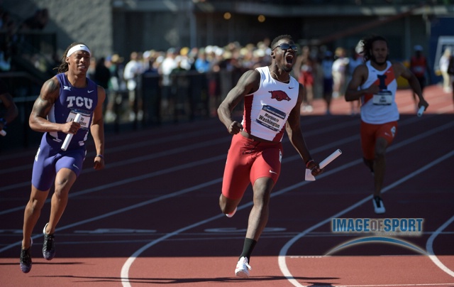 Jun 12, 2015; Eugene, OR, USA; Marqueze Washington celebrates after running the anchor leg on the Arkansas 4 x 100m relay that won in 38.47 in the 2015 NCAA Track & Field Championships at Hayward Field.