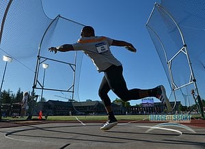 Jun 12, 2015; Eugene, OR, USA; Tavis Bailey of Tennessee places second in the discus at 203-2 (61.92m) in the 2015 NCAA Track & Field Championships at Hayward Field.