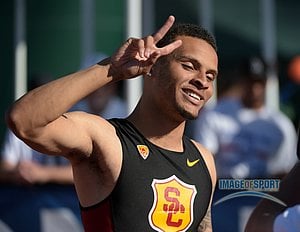 Jun 12, 2015; Eugene, OR, USA; Andre De Grasse poses after winning the 100m and 200m in the 2015 NCAA Track & Field Championships at Hayward Field.