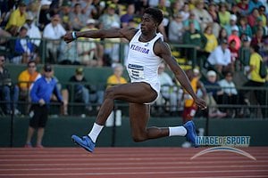 Jun 12, 2015; Eugene, OR, USA; Marquis Dendy of Florida wins the triple jump in a wind-aided 58-1 1/4 (17.71m) in the 2015 NCAA Track & Field Championships at Hayward Field.