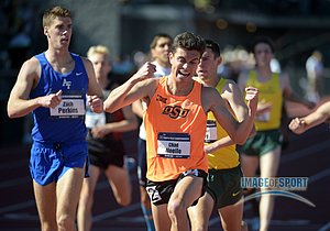 Jun 12, 2015; Eugene, OR, USA; Chad Noelle of Oklahoma State celebrates after winning the 1,500m in 3:54.96 in the 2015 NCAA Track & Field Championships at Hayward Field.