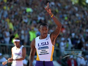 Jun 12, 2015; Eugene, OR, USA; Vernon Norwood of LSU celebrates after winning the 400m in 45.10 in the 2015 NCAA Track & Field Championships at Hayward Field.