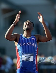 Jun 12, 2015; Eugene, OR, USA; Michael Stigler of Kansas celebrates after winning the 400m hurdles in 48.84 in the 2015 NCAA Track & Field Championships at Hayward Field.