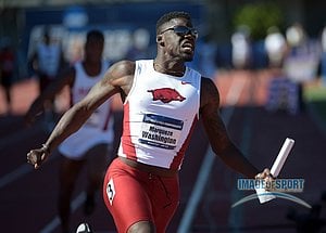Jun 12, 2015; Eugene, OR, USA; Marqueze Washington celebrates after running the anchor leg on the Arkansas 4 x 100m relay that won in 38.47 in the 2015 NCAA Track & Field Championships at Hayward Field.