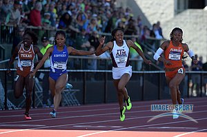 Dezerea Bryant of Kentucky (second from left) wins the womens 200m in 22.18  From left: Morolake Akinosun (Texas), Bryant and Kamaria Brown (Texas A&M) and Kyra Jefferson (Florida).