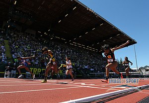 Kendra Harrison of Kentucky defeats Cindy Ofili of Michigan to win the womens 100m hurdles, 12.55 to 12.60 +  Jade Barber (Notre Dame) and Dior Hall (Southern California).