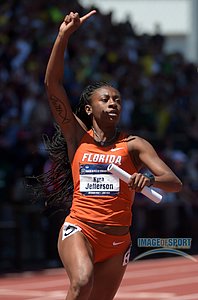 Kyra Jefferson celebrates after running the anchor leg on the Florida womens 4 x 100m relay