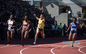 Jenna Prandini of Oregon defeats Morolake Akinosun of Texas to win the womens 100m