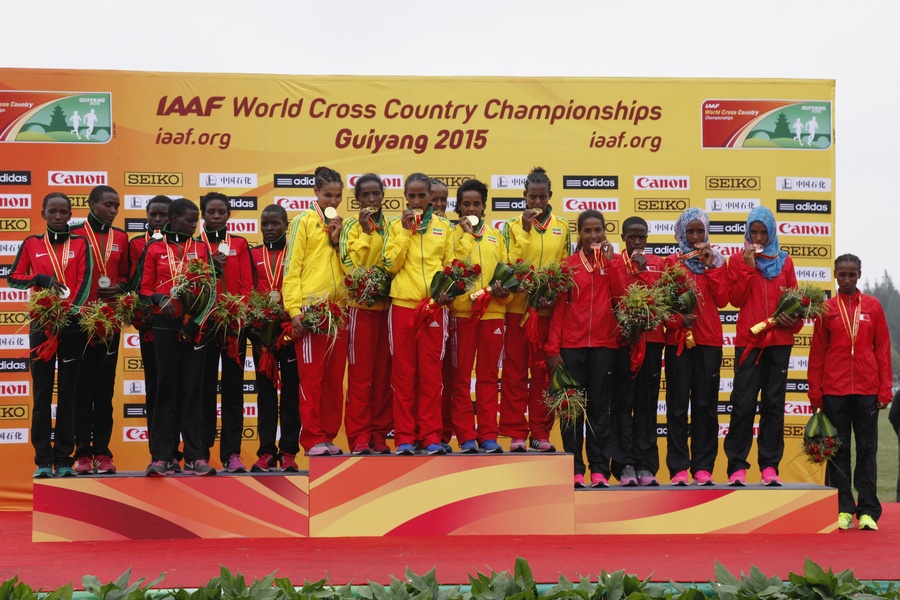 (L-R) Team of Kenya, Team of Ethiopia and Team of Bahrain 
© Getty Images for IAAF