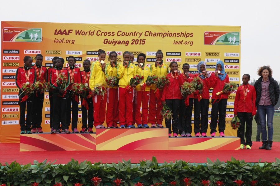  (L-R) Team of Kenya, Team of Ethiopia, Team of Bahrain and Sonia O' Sullivan of Ireland
© Getty Images for IAAF