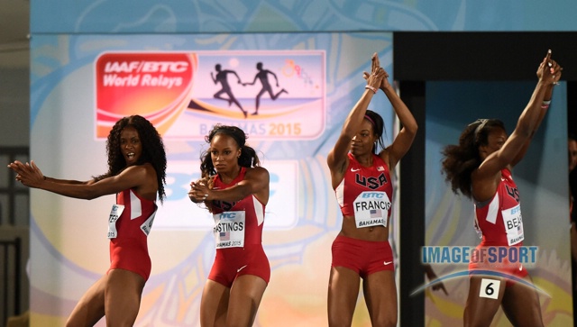 DeeDee Trotter and Natasha Hastings and Phyllis Francis and Jessica Beard before 4x400 Heats